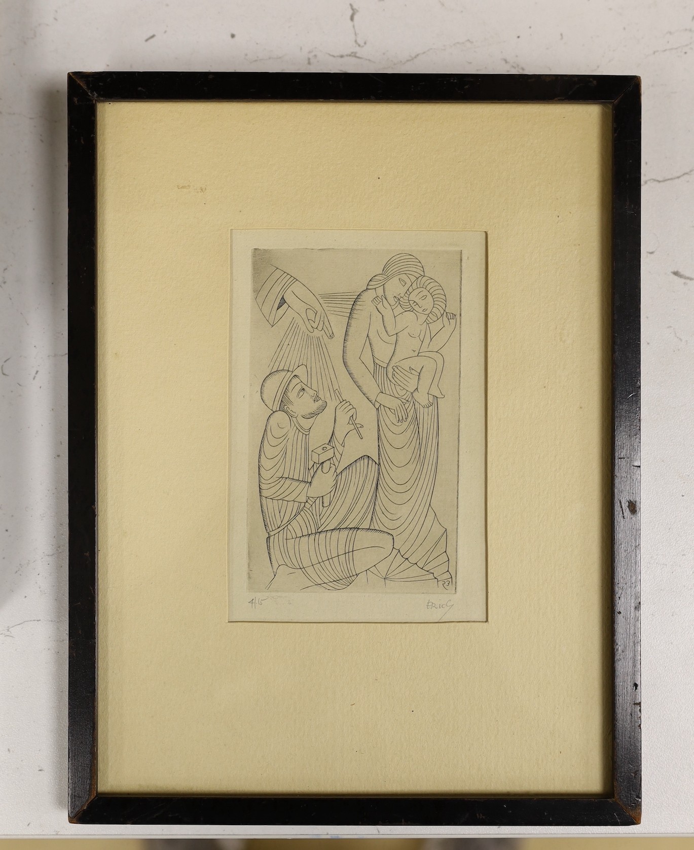 Eric Gill (1882-1940), etching, The Holy Family, signed in pencil, 4/15, 11 x 7cm